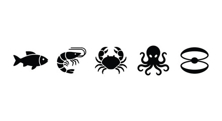 Seafood silhouettes featuring a fish shrimp crab octopus and squid on a white background silhouette aquatic life marine © APIM02SN