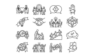 Obraz premium Teamwork partnership line icons set, collaboration communication support leadership business cooperation concepts collection