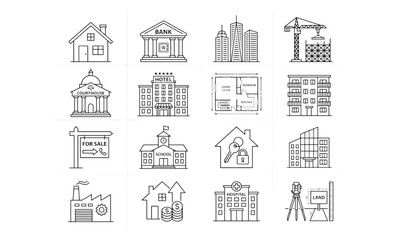 Fototapeta premium Real estate infrastructure line icon set featuring financial bank, hospital, courthouse, and city architectural buildings