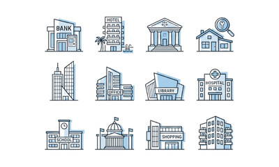 Fototapeta premium City building and real estate line icon set, modern urban architecture vector blue outline symbols