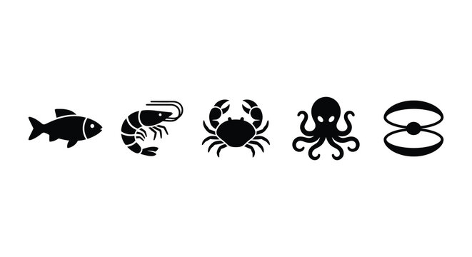 Seafood silhouettes featuring a fish shrimp crab octopus and squid on a white background silhouette aquatic life marine