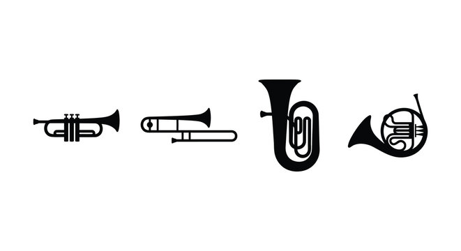 Four brass musical instruments depicted as a black silhouette against a white background silhouette trumpet trombone tuba french