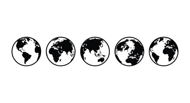 Five globe silhouettes displaying different continental views a monochromatic graphic silhouette world earth continents geography planet map global