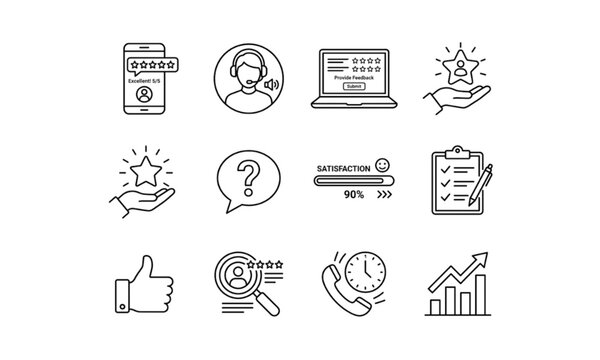 Customer feedback survey and service rating line icon set, business review vector outline symbols template