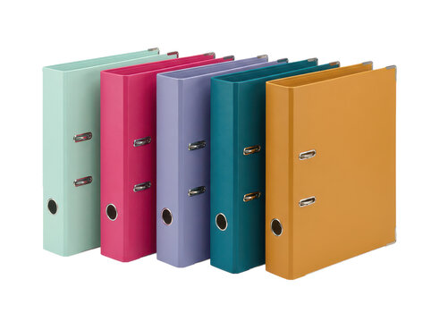 Colorful lever arch binders in teal pink purple blue orange... isolated on a transparent background