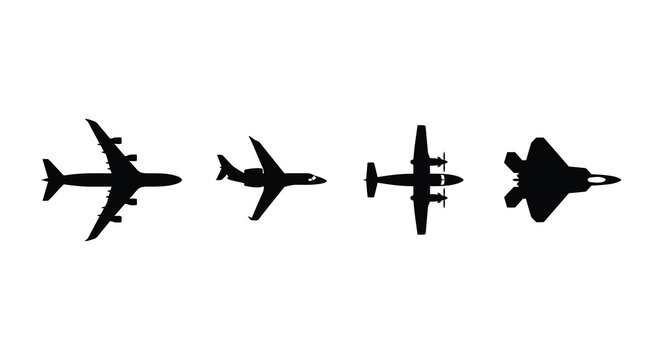 Four Aircraft Silhouettes Depicting Evolution In Aviation Design Black And White Silhouette aeroplane airplane airplanes fighter jet bomber