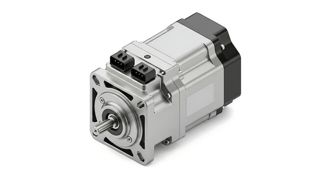 Close-up view of a modern industrial servo motor with a silver body and black connectors, designed for precision automation and machinery.