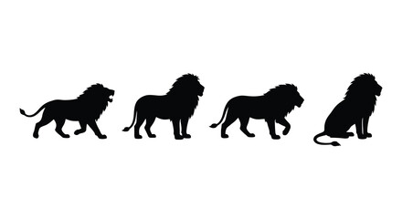Four Black Silhouette Lions In Various Poses Against A White Background A Dramatic Silhouette lion feline felidae big © APIM02SN