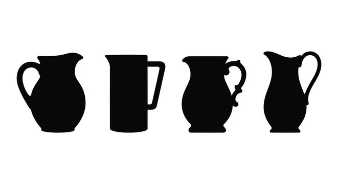 Four black pitcher silhouettes arranged horizontally against a white background silhouette jug ewer creamer carafe vessel container tableware