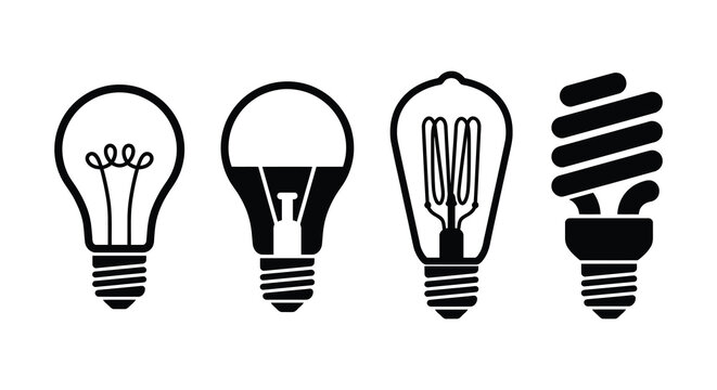 Four different light bulbs depicted as black silhouettes against a white background silhouette lightbulb incandescent bulb led cfl