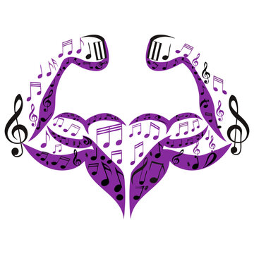 Muscular arms shape formed by various purple and black musical notes and treble clef symbols arranged creatively as a powerful artistic illustration on transparent background