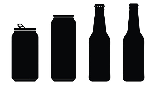Black silhouettes of an open soda can and three beer bottles against a white background silhouette beverage cans