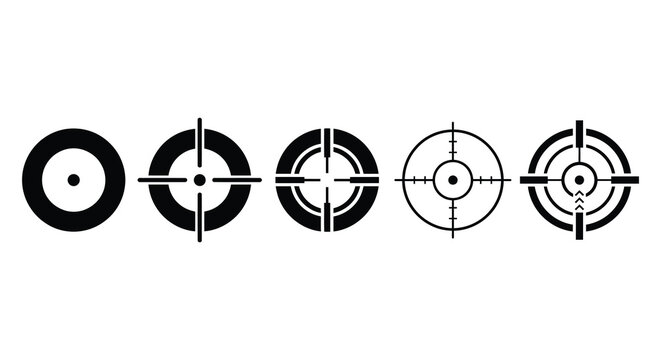 Five black crosshair targeting reticles arranged horizontally a flat vector silhouette reticle sight scope aiming point bullseye center