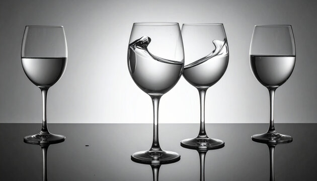 Four wine glasses with water two in motion studio shot