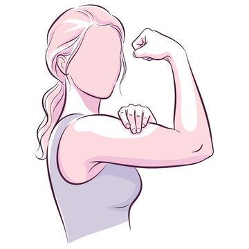 Strong woman showing off her athletic bicep muscle with a powerful pose in a stylized digital line art illustration presented as a cutout on transparent background
