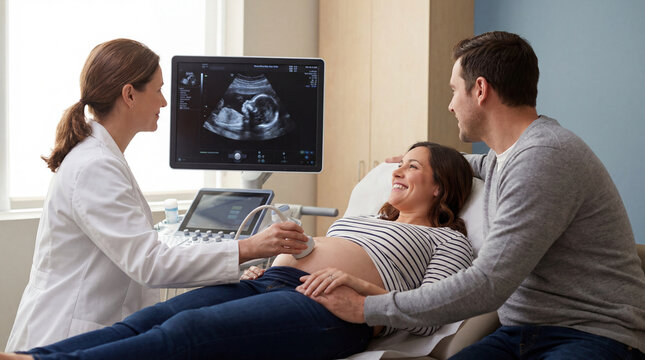 A happy pregnant couple and doctor observe the baby's ultrasound scan, full of joy and anticipation for their future child