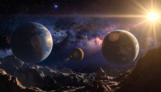 Cosmic panorama with alien planets and bright star in deep space