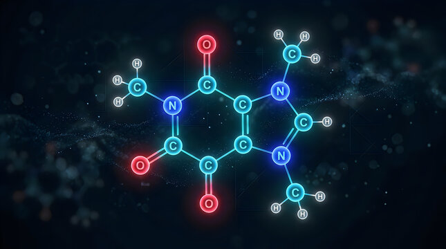 Caffeine molecular structure model with glowing atoms and chemical bonds on a dark background