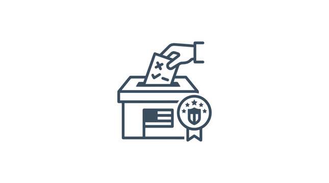 Hand casting vote into ballot box with US flag and award icon, voting concept