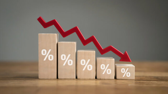 Wooden blocks with percentage signs and a red downward trend arrow, representing declining interest rates or inflation