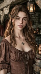 Fototapeta premium Europe medieval lifestyle. A portrait of a young woman with long, wavy brown hair and freckles. She wears a brown, offtheshoulder dress with a laceup front and a pendant necklace.