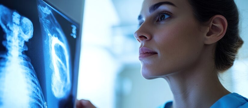 Doctor reviewing a chest x-ray, analyzing bone structure and lungs