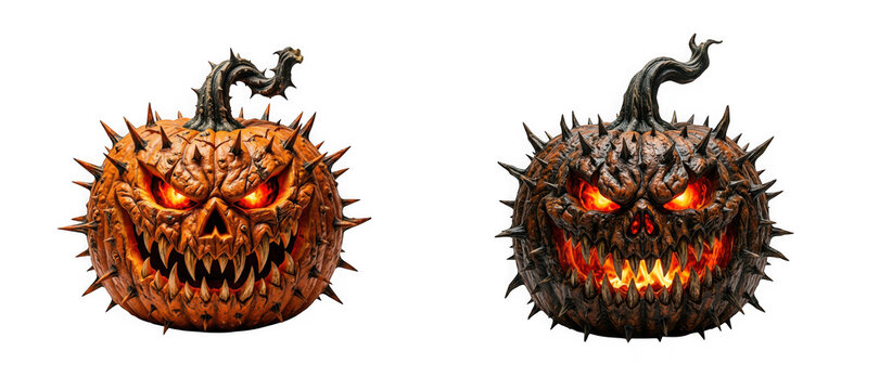 Two scary halloween pumpkin monsters with sharp spikes and glowing eyes isolated on transparent background