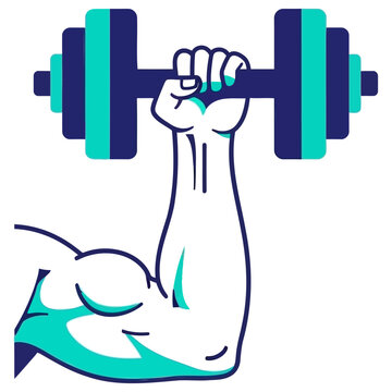 Muscular arm holding a heavy dumbbell to demonstrate strength power and physical exercise in a vibrant flat vector style design isolated on transparent background