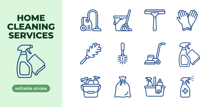 Home cleaning services editable stroke line icon set. Housekeeping symbols like vacuum, mop, and spray. Concept for maid service UI UX web design and domestic chores mobile app interface.