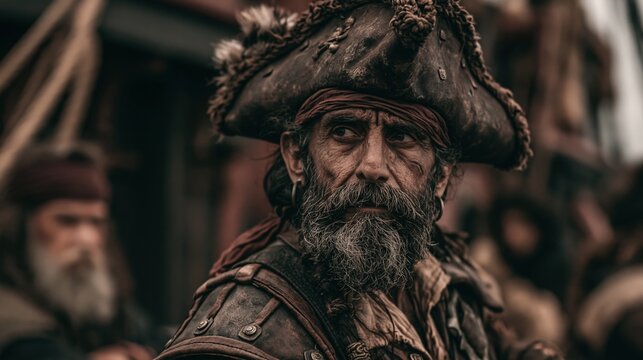 Europe medieval lifestyle. A closeup portrait of an elderly man with a full beard and mustache, wearing a tricorn hat with tassels and a bandana wrapped around his head.