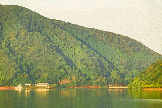三方五湖の水月湖に広がる静謐な水面と豊かな自然を描いた水彩画風のイラスト / Watercolor Illustration of the Serene Water Surface of Lake Suigetsu in Mikatagoko