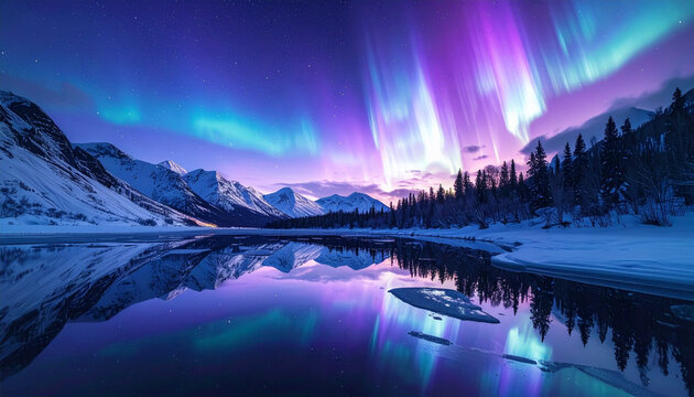 Aurora Borealis dancing over snow-covered mountains and reflective lake at night
