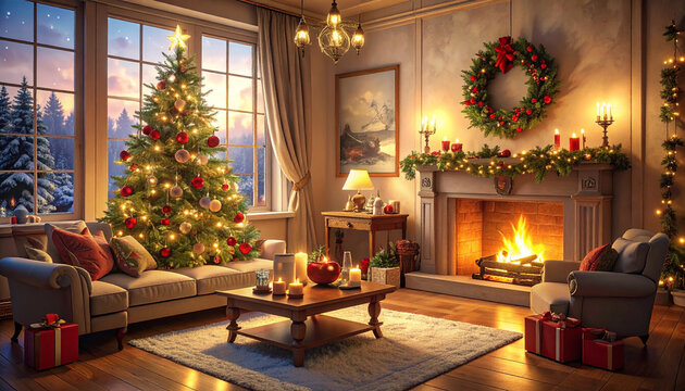 Cozy Christmas living room with fireplace and decorated tree