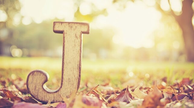 Wooden letter J in autumn leaves.