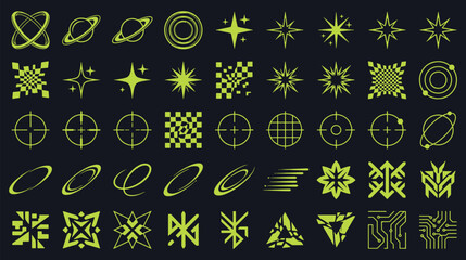 Set of futuristic neon yellow cyber graphic elements and symbols on dark background with sci fi high tech futuristic collection abstract technology creative geometry minimalist © creative zone