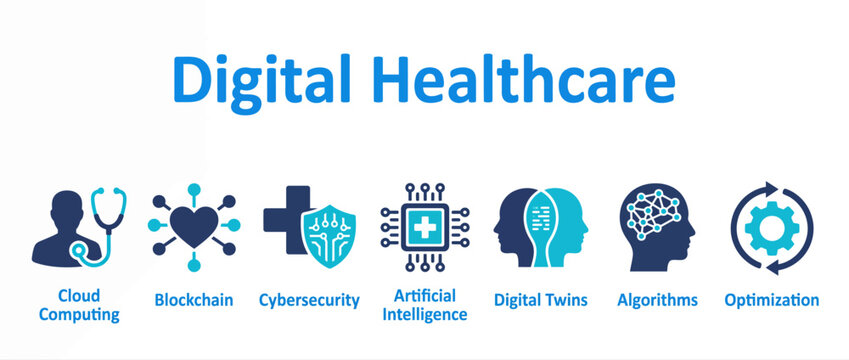 Digital healthcare concept with icons of cloud computing, blockchain, cybersecurity, ai