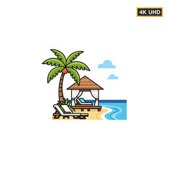 Obraz premium Tropical Summer Vacation Scene with Beach Gazebo Palm Tree and Lounge Chairs