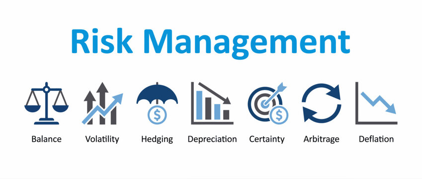 Risk management concept icons set with financial terms including balance and volatility