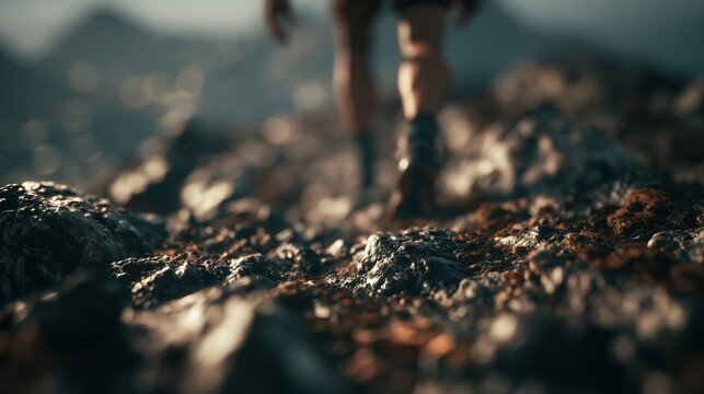 Outdoor adventure explore. A closeup shot of a persons legs and feet walking on rocky terrain. The person wears dark shorts and hiking boots, indicating they are on a hike.