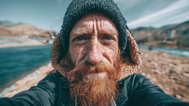 Outdoor adventure explore. A closeup portrait of an elderly man with a full, reddishbrown beard and mustache. He wears a textured black beanie and a dark jacket.