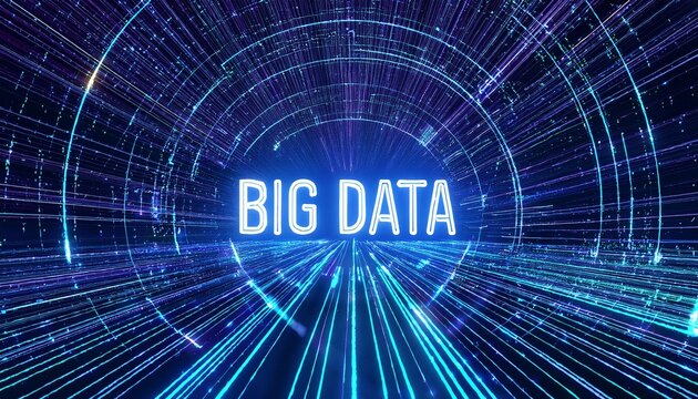big data text floating inside a glowing blue digital tunnel of complex abstract light lines