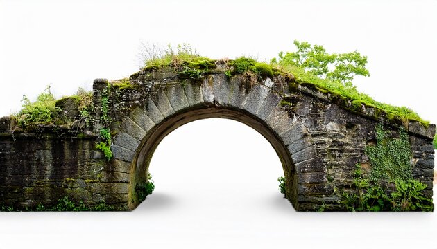 old ruined stone bridge covered with moss and plants isolated on white background