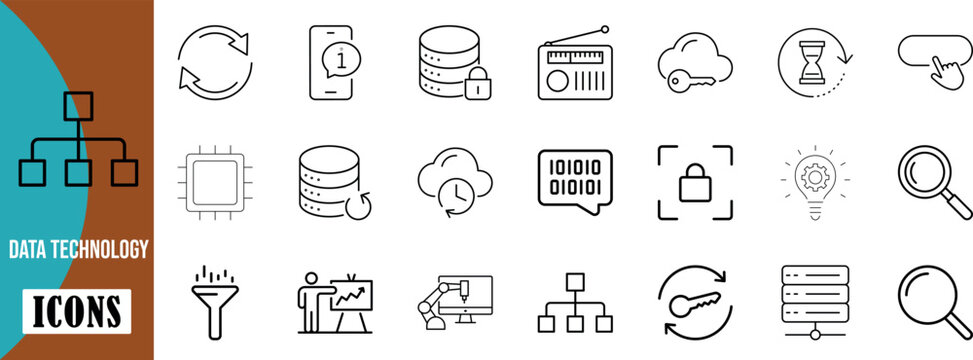Data technology outline vector icons. database icon set, cloud icon set, processor icon set