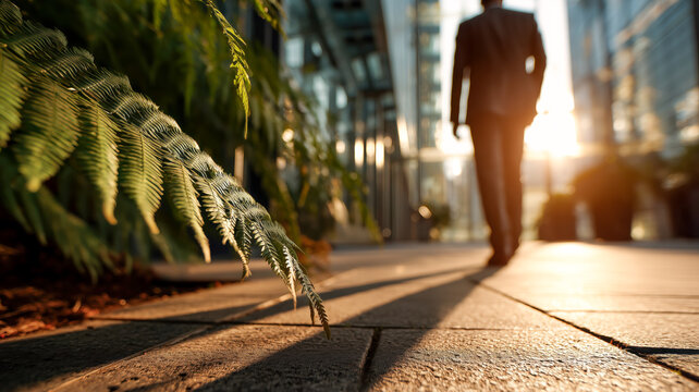 Man walks down a sun-drenched city sidewalk with ferns