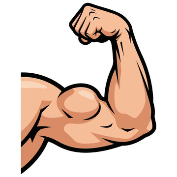 Muscular arm flexing biceps showing strength and power in a bold comic book art style illustration created with thick black outlines on transparent background