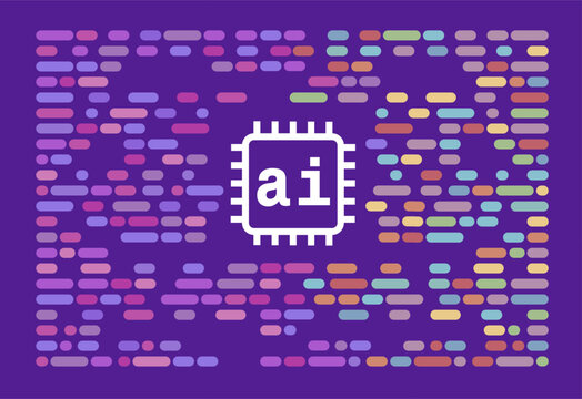 Futuristic AI Processor Chip Icon on Vibrant Purple Digital Background with Colorful Pixel Elements