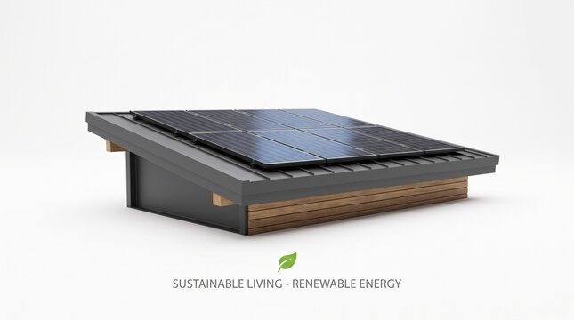 Solar panels on roof with sustainable living symbol, minimalist composition highlighting renewable energy and eco‑friendly housing.