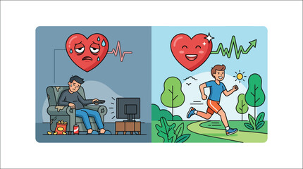 Fototapeta premium Sedentary lifestyle versus active lifestyle, concept of person choosing to exercise or be lazy and its impact on heart.