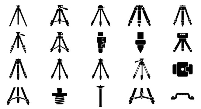 Camera Tripod and Photography Video Support Silhouette Icon Set, Various photography and videography camera tripods, monopods, ball heads, quick release plates, smartphone mounts, and studio support 