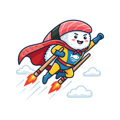 Fototapeta premium Cute Kawaii Salmon Nigiri Sushi Superhero Character Flying With Rocket Jet Chopsticks Vector Illustration